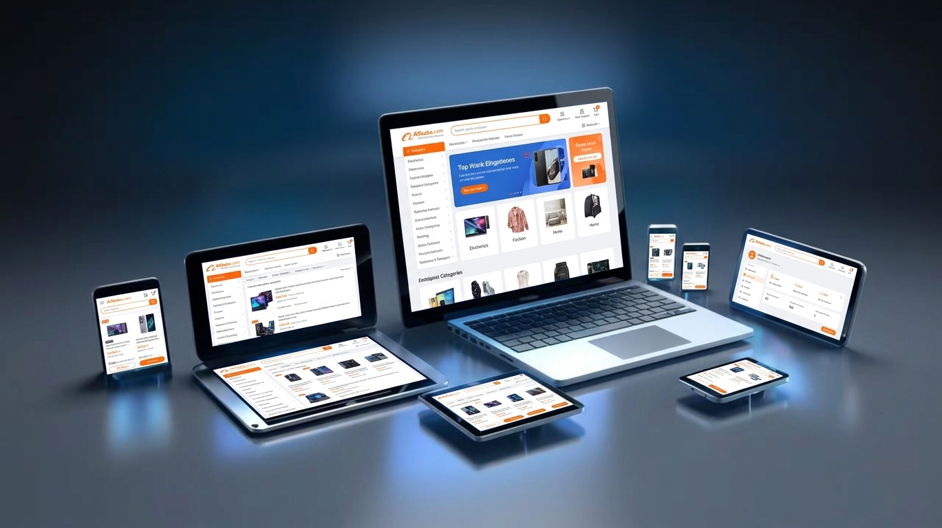Dizüstü bilgisayar, tablet ve telefonlarda açık Alibaba mağaza vitrinleri